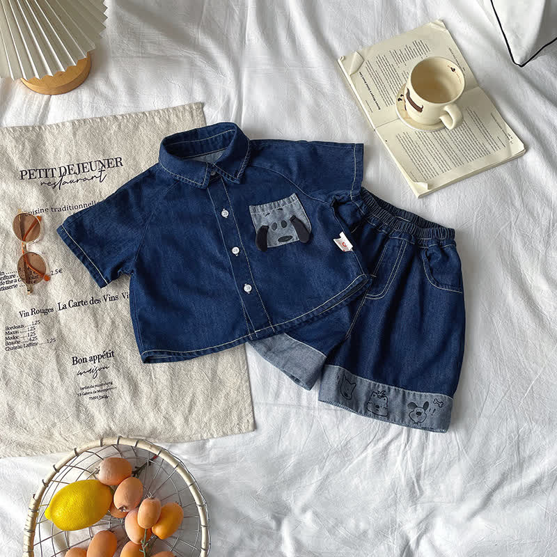 Toddler Baby Dog Pocket Denim Top and Shorts 2-piece Set - Navy - 6-7T - image 1