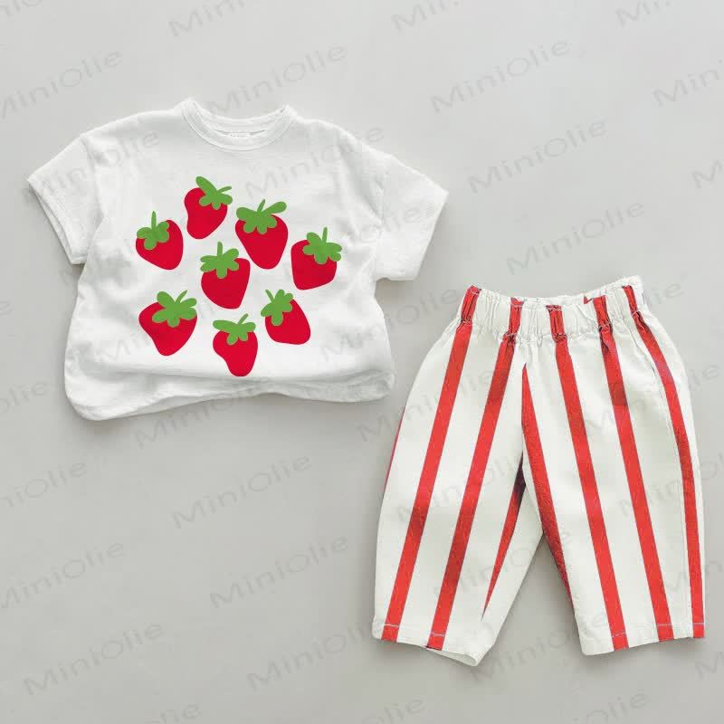 Baby Strawberry Print Red Striped 2-piece Set - White&Red - 4-5T - image 1