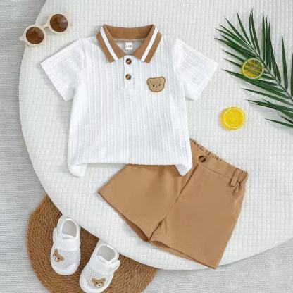 Baby Bear Applique Polo T-Shirt and Shorts 2-Piece Set - White - 18-24M - image 1