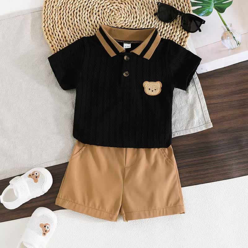 Baby Bear Applique Polo T-Shirt and Shorts 2-Piece Set - Black - 18-24M - image 2