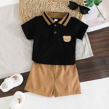 Baby Bear Applique Polo T-Shirt and Shorts 2-Piece Set - Black - 18-24M - image 2