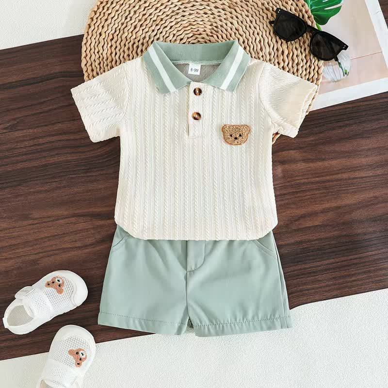 Baby Bear Applique Polo T-Shirt and Shorts 2-Piece Set - Green - 18-24M - image 3