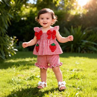 Baby Girl Strawberry Bow Gingham Sleeveless Top and Shorts 2-piece Set - Red - 2-3Y - image 1