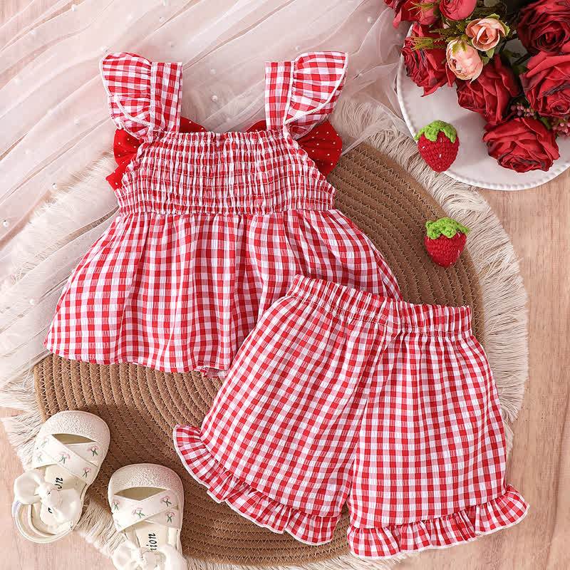 Baby Girl Strawberry Bow Gingham Sleeveless Top and Shorts 2-piece Set - image 3