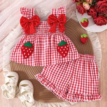 Baby Girl Strawberry Bow Gingham Sleeveless Top and Shorts 2-piece Set - image 2
