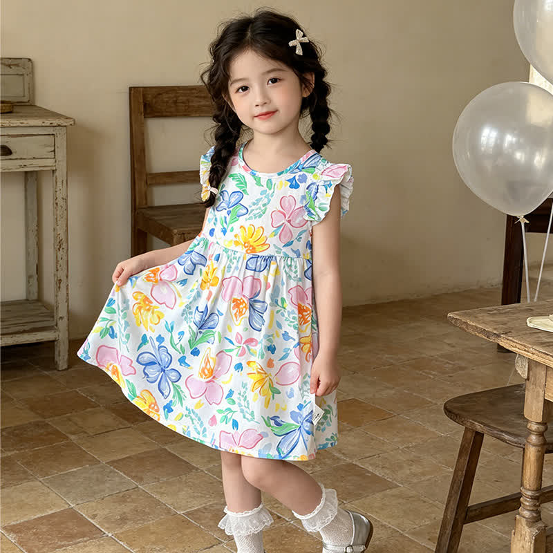 Toddler Kid Girls Ruffle Shoulder Dress - White Flower - 10-11T - image 5