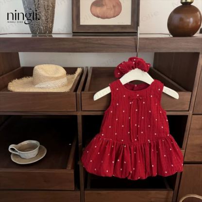 Toddler Girls Red Ditsy Dots Sleeveless Dress with Scrunchie - Red - 6-7T - image 1