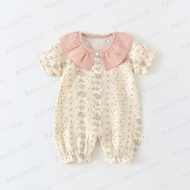 Baby Girls Floral Ruffle Collar Long Sleeves Romper with Hat or Short Sleeves Romper - Pink Short Sleeves Romper - 18-24M - image 2