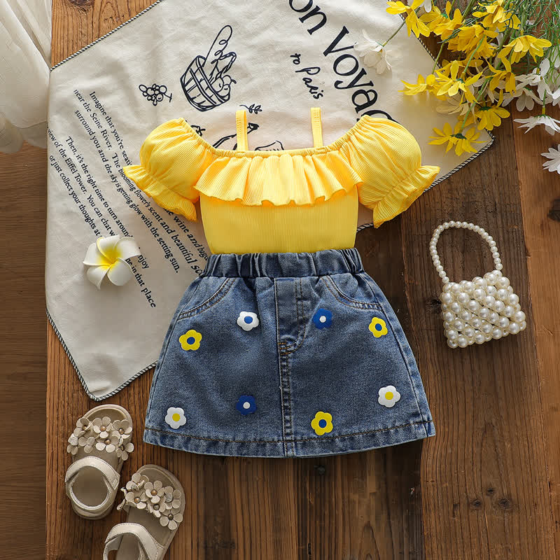 Baby Toddler Girl Yellow Floral Top and Denim Skirt 2-piece Set - Yellow - 2-3Y - image 1