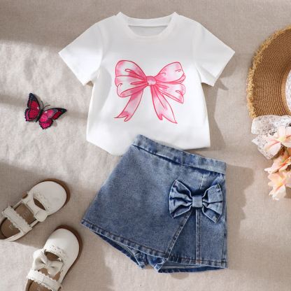 Baby Toddler Girl White&Pink Bow Tee and Denim Shorts 2-piece Set - White&Pink - 2-3Y - image 1