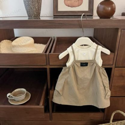 Toddler Girls Denim Pinafore Dress and White Tank Top 2-piece Set - Brown - 6-7T - image 3