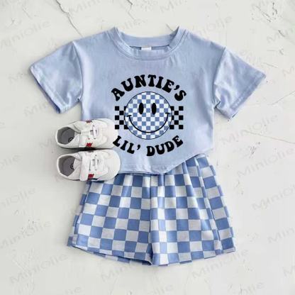 AUNTIE'S LIL'DUDE Baby Boys Blue Smiley Face Print Plaid T-shirt and Plaid Pants 2-Piece Set - Blue - 2-3T - image 1