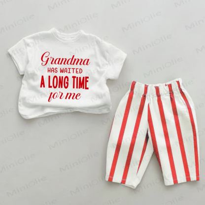 GRANDMA HAS WAITED A LONG TIME FOR ME Baby Slogan Red Striped 2-piece Set - White&Red - 4-5T - image 1