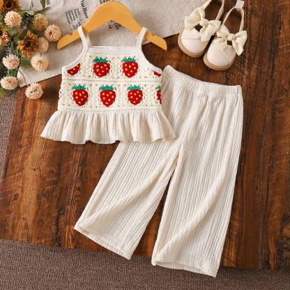 Baby Toddler Girl Beige Strawberry Knit Cami Top and Pants 2-piece Set - Beige - 2-3Y - image 1