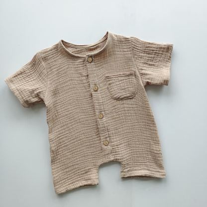 Baby Cotton Solid Color Button Front Romper - Khaki - 18-24M - image 4