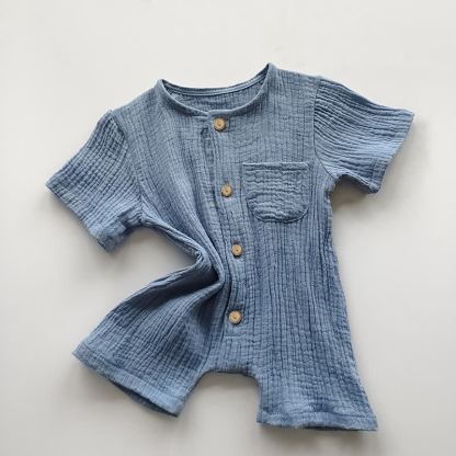 Baby Cotton Solid Color Button Front Romper - Blue - 18-24M - image 6