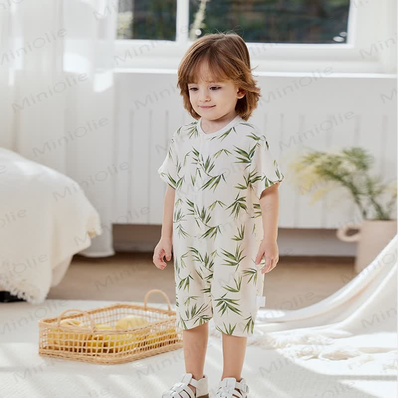 Baby Gauze Bamboo Leaf Print Short Sleeves Romper - White - 18-24M - image 2