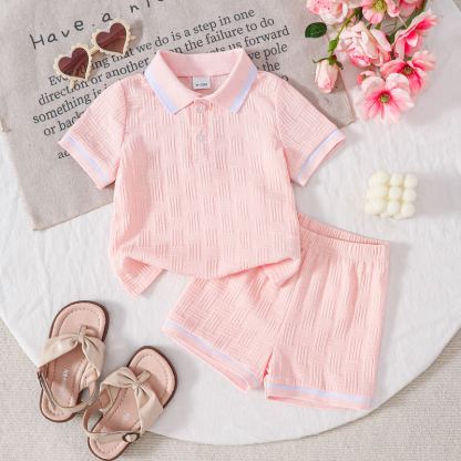 Toddler Baby Textured Polo Tee and Shorts 2-piece Set - Pink - 7Y - image 7