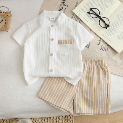 Toddler Baby Textured Polo Tee and Shorts 2-piece Set - White&Beige - 7Y - image 9