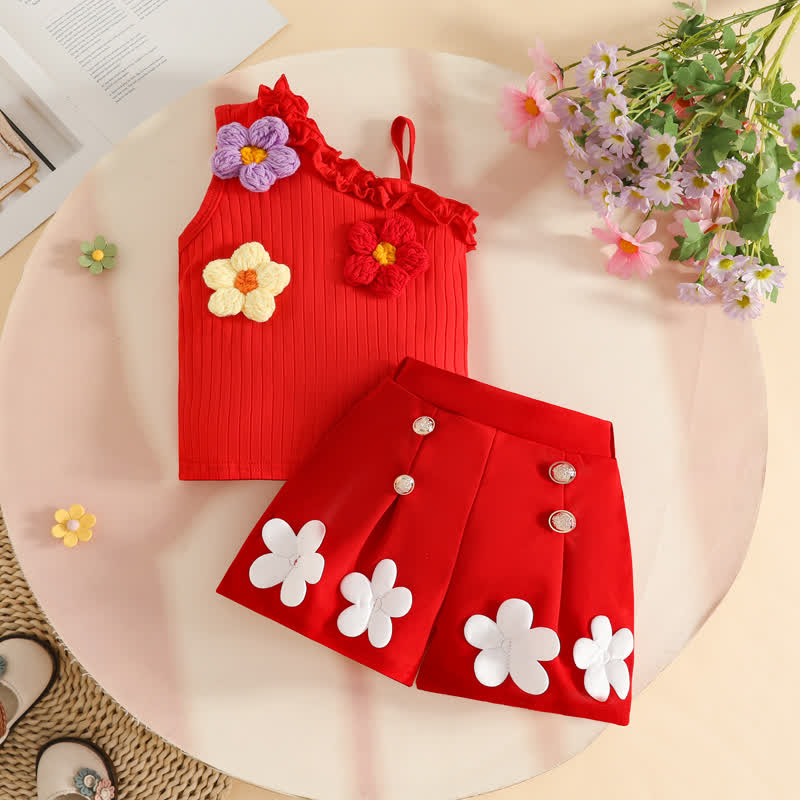 Baby Toddler Girls Floral One-Shoulder Sleeveless Top and Shorts 2-piece Set - Red - 3Y - image 2