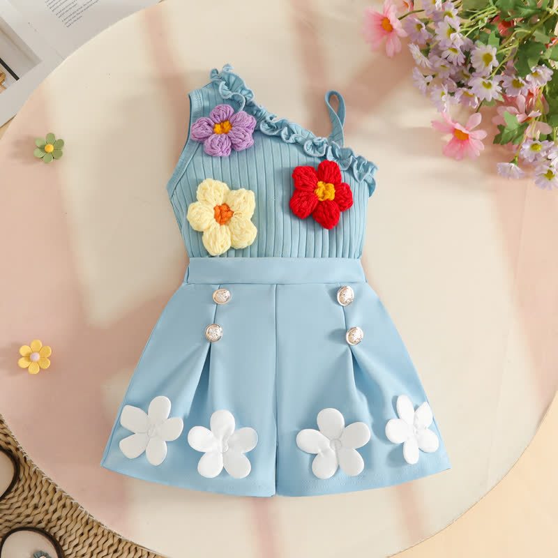 Baby Toddler Girls Floral One-Shoulder Sleeveless Top and Shorts 2-piece Set - Blue - 3Y - image 5