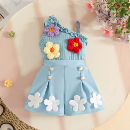 Baby Toddler Girls Floral One-Shoulder Sleeveless Top and Shorts 2-piece Set - Blue - 3Y - image 5