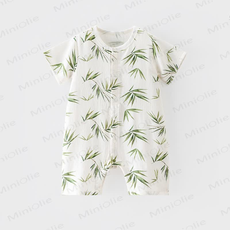 Baby Gauze Bamboo Leaf Print Short Sleeves Romper - image 1