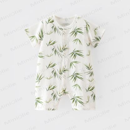 Baby Gauze Bamboo Leaf Print Short Sleeves Romper - image 1