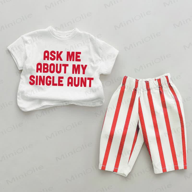 ASK ME ABOUT MY SINGLE AUNT Baby Slogan Red Striped 2-piece Set - White&Red - 4-5T - image 1