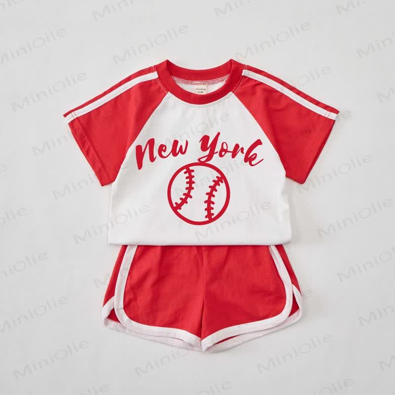 NEW YORK Baby Baseball Print Red Tee and Shorts Set - Red - 2-3T - image 1
