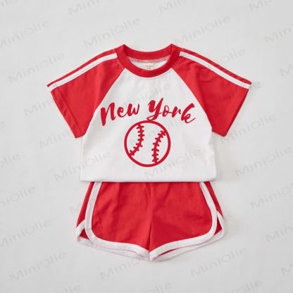 NEW YORK Baby Baseball Print Red Tee and Shorts Set - Red - 2-3T - image 1