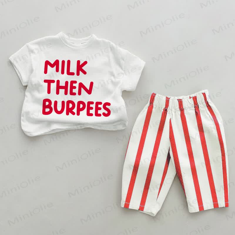 MILK THEN BURPEES Baby Slogan Red Striped 2-piece Set - White&Red - 4-5T - image 1