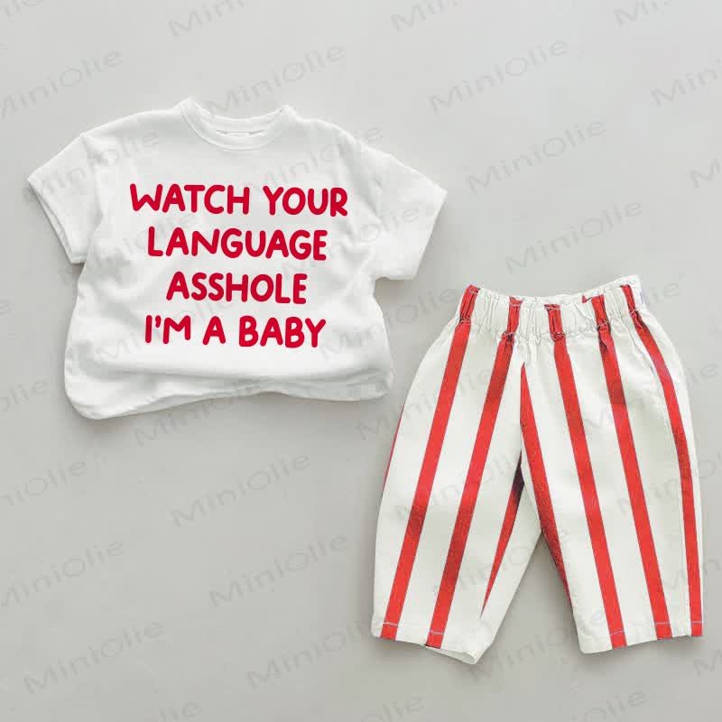 WATCH YOUR LANGUAGE ASSHOLE I'M A BABY Baby Slogan Red Striped 2-piece Set - White&Red - 4-5T - image 1