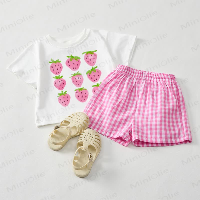Baby Girls Strawberry Tee and Pink Plaid Shorts 2-Piece Set - White&Pink - 3-5T - image 1