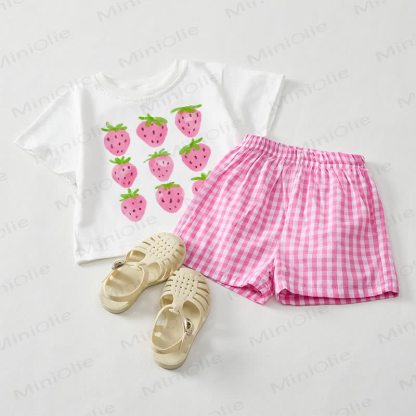 Baby Girls Strawberry Tee and Pink Plaid Shorts 2-Piece Set - White&Pink - 3-5T - image 1