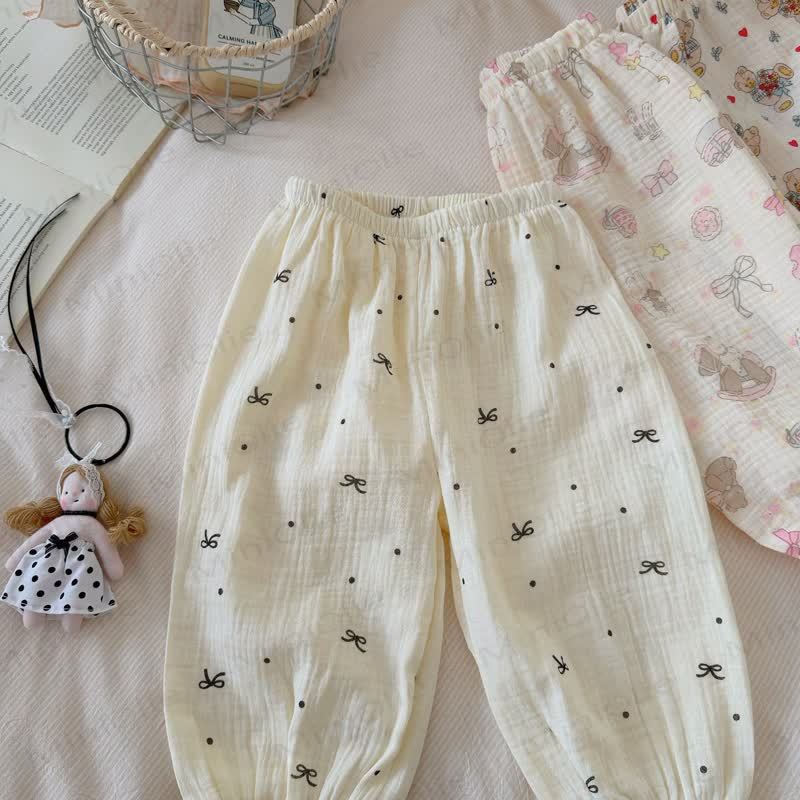 Toddler Soft Cotton Animal Print Gauze Lounge Pants - Beige Bow - 8-9T - image 9