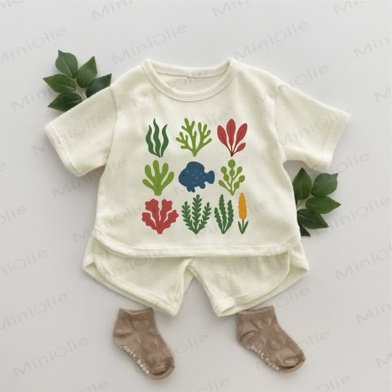 Baby Marine Plant Print Waffle 2-piece Set - Apricot - 2-3T - image 1