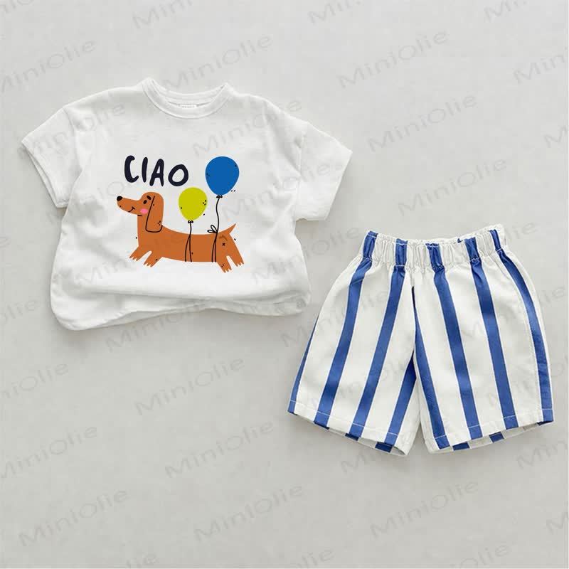 CIAO Baby Dachshund Print Blue Vertical Striped 2-piece Shorts Set - White&Blue - 2-3T - image 1
