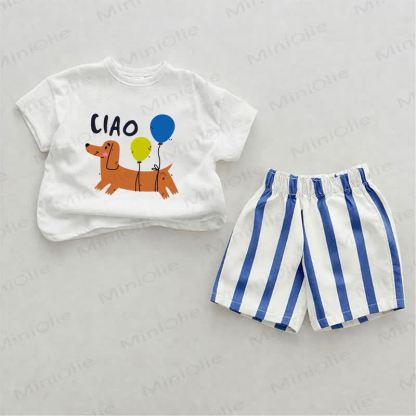 CIAO Baby Dachshund Print Blue Vertical Striped 2-piece Shorts Set - White&Blue - 2-3T - image 1