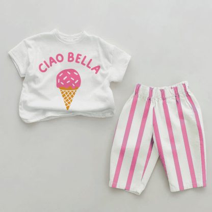CIAO BELLA Baby Girls Ice Cream Pink Vertical Striped 2-piece Set - White&Pink - 2-3T - image 1