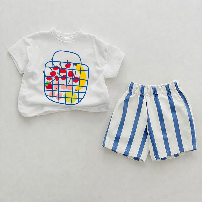 Baby Blue Fruit Print Vertical Striped 2-piece Shorts Set - White&Blue - 2-3T - image 1