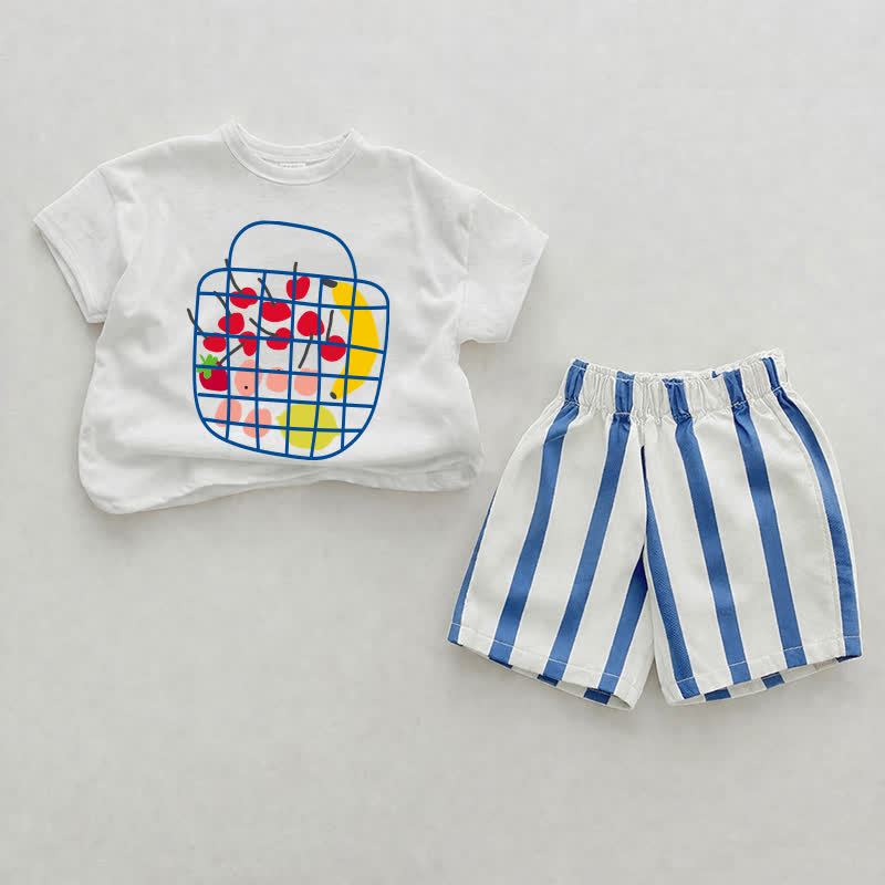 Baby Blue Fruit Print Vertical Striped 2-piece Shorts Set - White&Blue - 2-3T - image 1