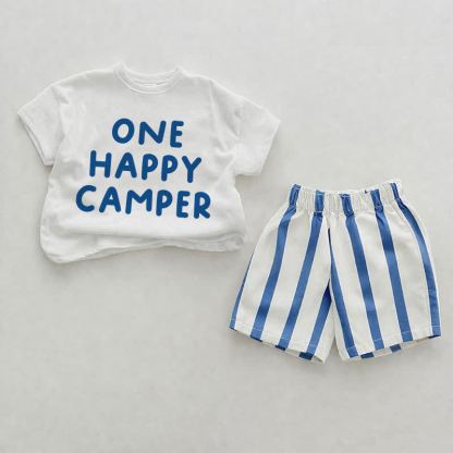 ONE HAPPY CAMPER Baby Blue Vertical Striped 2-piece Shorts Set - White&Blue - 2-3T - image 1