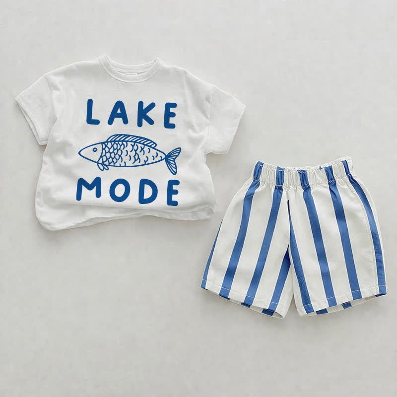 LIKE MODE Baby Blue Fish Print Vertical Striped 2-piece Shorts Set - White&Blue - 2-3T - image 1