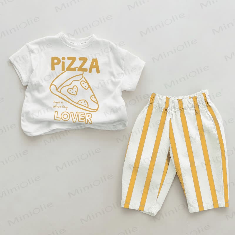 PIZZA LOVER Baby White&Yellow Pizza Print Vertical Striped 2-piece Set - White&Yellow - 2-3T - image 1