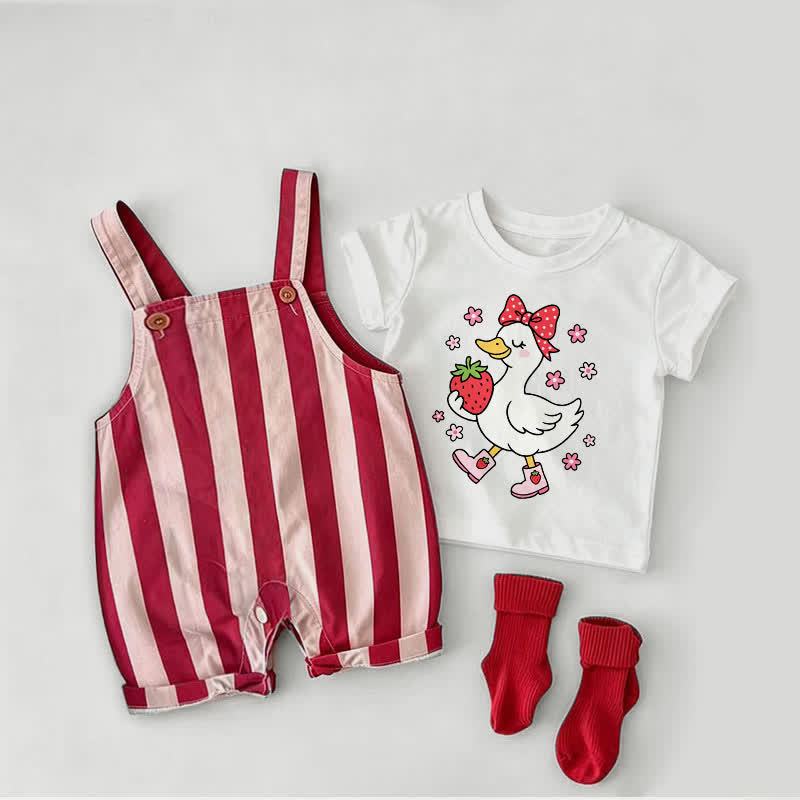 Baby Strawberry Duck Red Stripe Overalls and White Tee 2-piece Set - White&Red - 2-3T - image 1