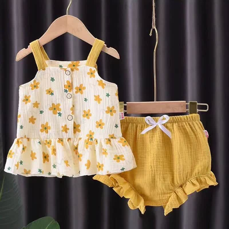 Baby Girls Floral Gauze Tank Top and Shorts 2-piece Set - Yellow - 2-3T - image 2