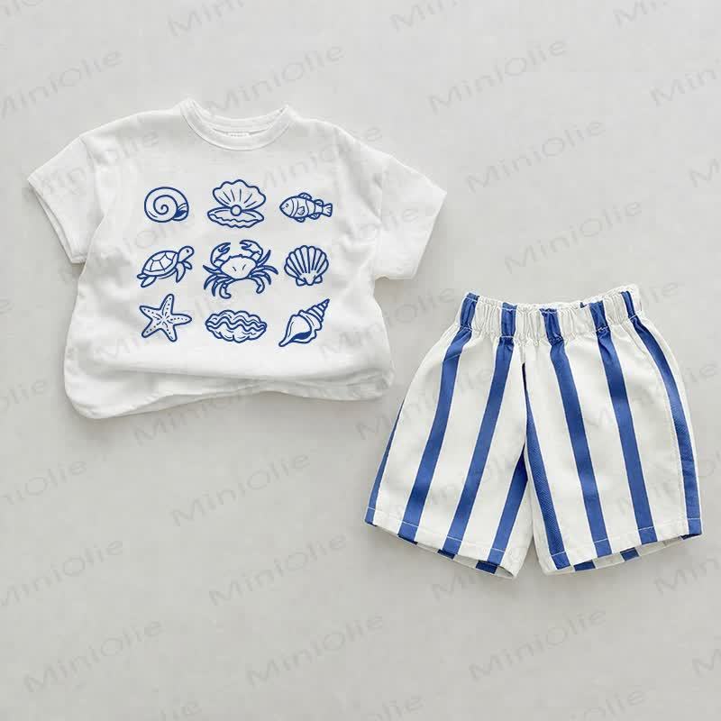 Baby Marine Animals Tee and Striped Shorts 2-piece Set - White&Blue - 2-3T - image 1