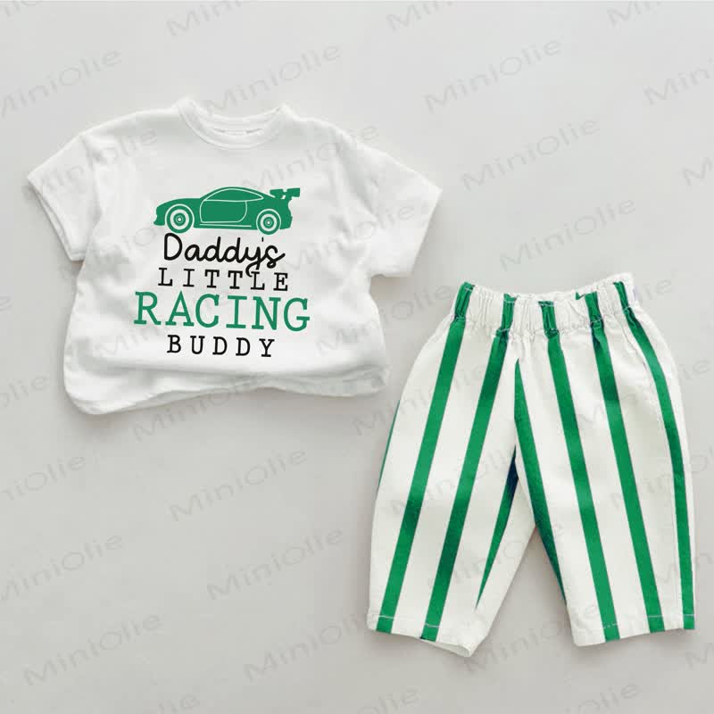  DADDY'S LITTLE RACING BUDDY Baby Green Vertical Striped  2-piece Pants Set - White&Green - 2-3T - image 1