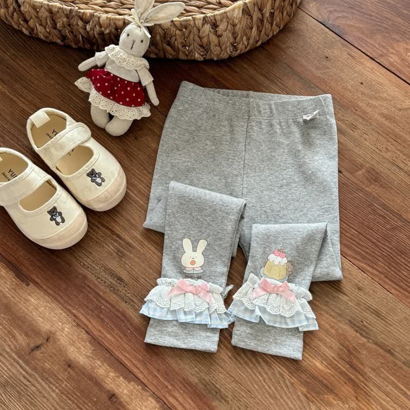 Toddler Girls Sweet Ribbed Knit Bunny Embroidery Lace Ruffle Leggings - Grey - 8-9T - image 3